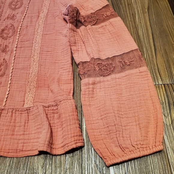 Calligraphie Dusty Rose Top Long Sleeve Peplum Cotton Embroidered Mesh Casual M - Picture 5 of 9